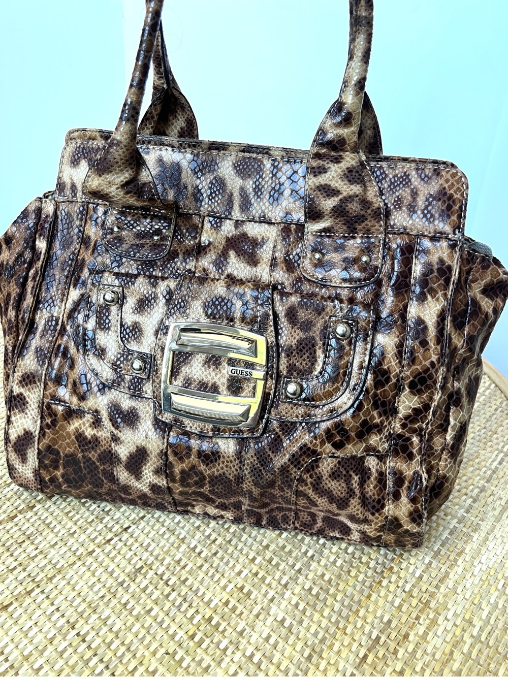 Guess Vintage Y2K Cougar Leopard Print Vegan Leather Suede Big Buckle Satchel